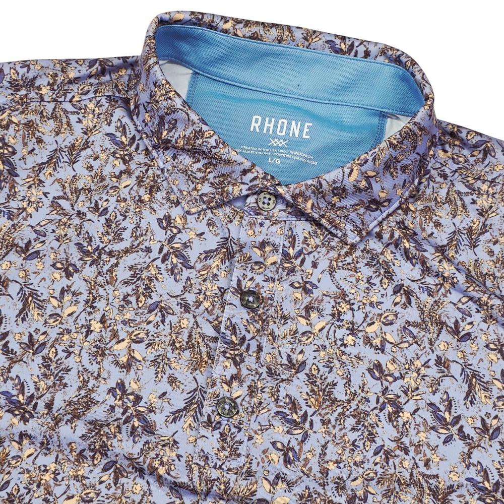 Rhone Polo Shirt Mens L Blue Floral Performance Short Sleeve Golf Athletic
